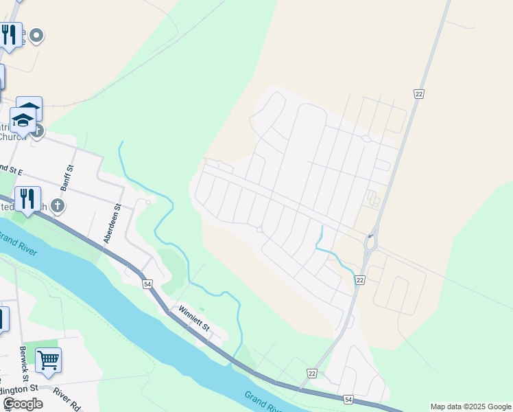 map of restaurants, bars, coffee shops, grocery stores, and more near 34 Derby Drive in Haldimand County