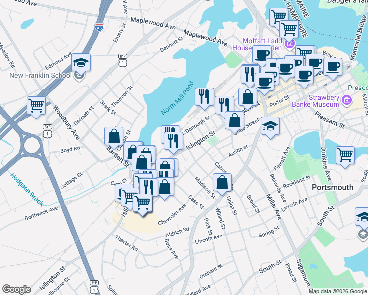 map of restaurants, bars, coffee shops, grocery stores, and more near 15 Union Street in Portsmouth