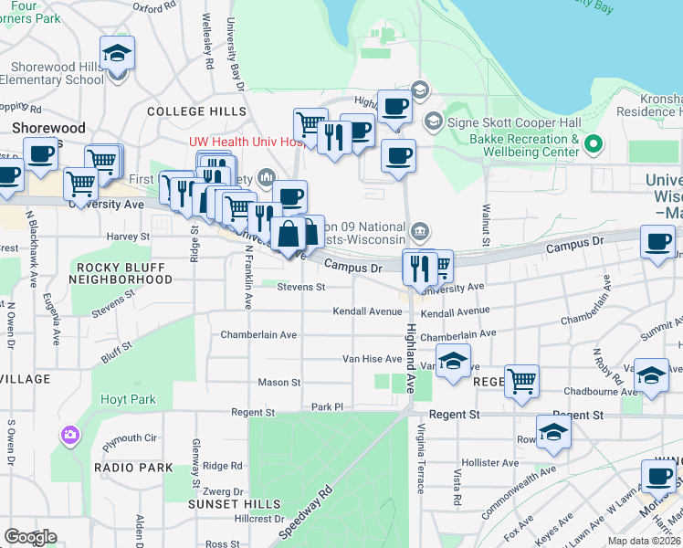 map of restaurants, bars, coffee shops, grocery stores, and more near 2605 University Avenue in Madison