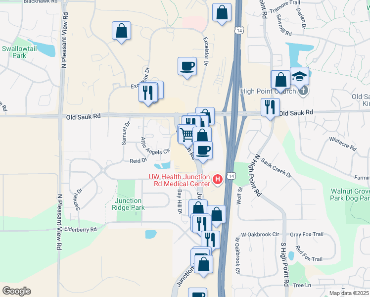 map of restaurants, bars, coffee shops, grocery stores, and more near 550 Junction Road in Madison