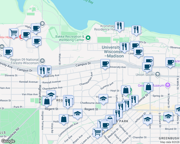 map of restaurants, bars, coffee shops, grocery stores, and more near 211 Chamberlain Avenue in Madison