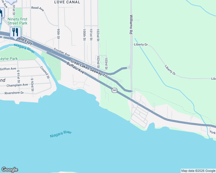 map of restaurants, bars, coffee shops, grocery stores, and more near Wildwood Parkway in Wheatfield
