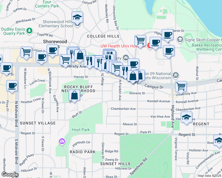 map of restaurants, bars, coffee shops, grocery stores, and more near 2830 Stevens Street in Madison