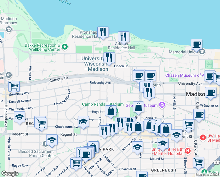 map of restaurants, bars, coffee shops, grocery stores, and more near 1550 Engineering Drive in Madison