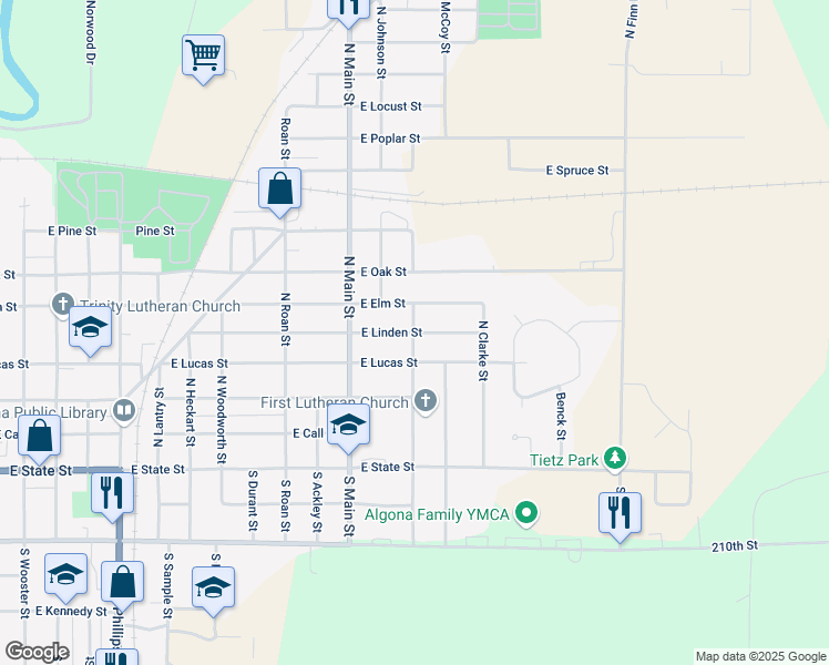 map of restaurants, bars, coffee shops, grocery stores, and more near 1800 East Linden Street in Algona