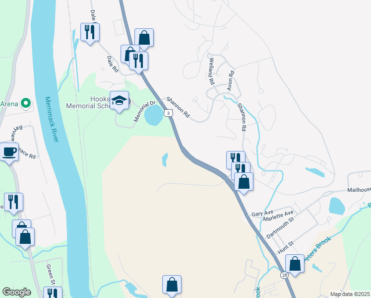 map of restaurants, bars, coffee shops, grocery stores, and more near 1465 Hooksett Road in Hooksett