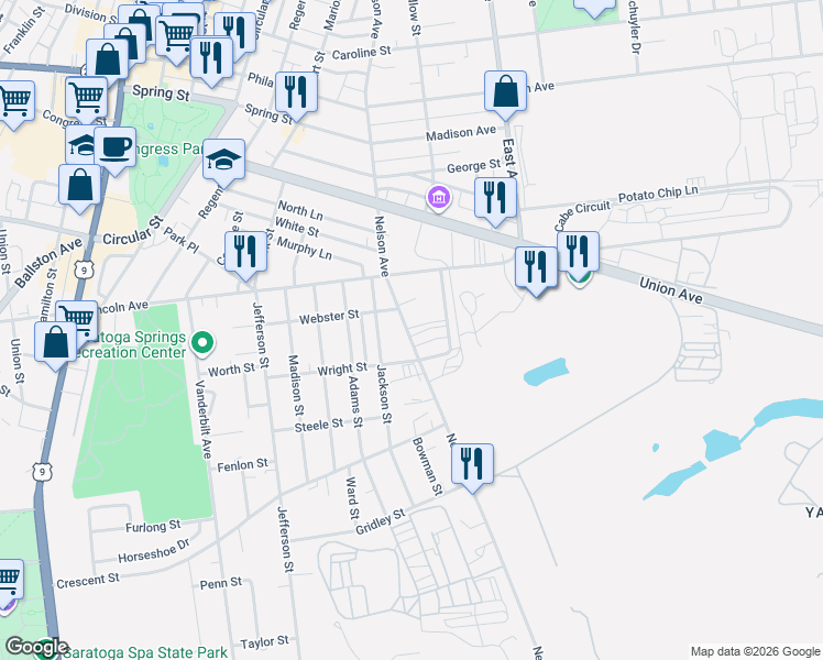 map of restaurants, bars, coffee shops, grocery stores, and more near 112 Nelson Avenue in Saratoga Springs