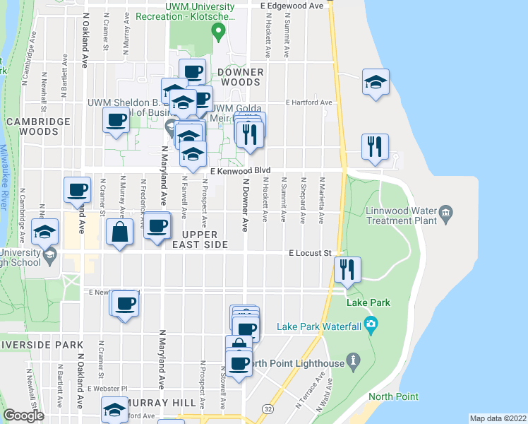 map of restaurants, bars, coffee shops, grocery stores, and more near N Hackett Ave & E Linnwood Ave in Milwaukee