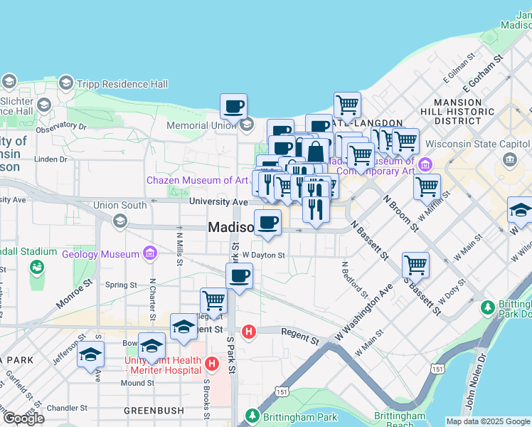 map of restaurants, bars, coffee shops, grocery stores, and more near 377 East Campus Mall in Madison