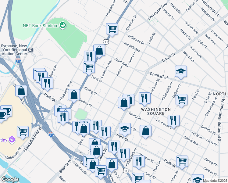 map of restaurants, bars, coffee shops, grocery stores, and more near 1307 1st North Street in Syracuse
