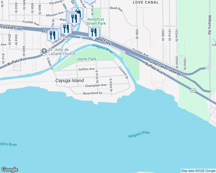 map of restaurants, bars, coffee shops, grocery stores, and more near 9139 Champlain Avenue in Niagara Falls