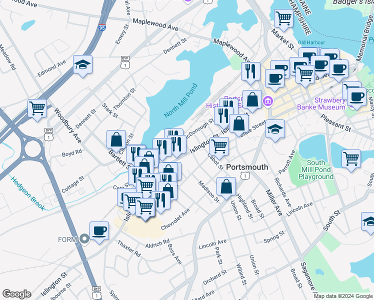 map of restaurants, bars, coffee shops, grocery stores, and more near 15 Union Street in Portsmouth