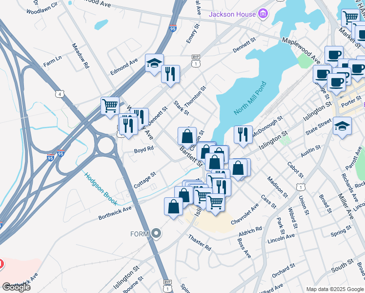 map of restaurants, bars, coffee shops, grocery stores, and more near 238 Bartlett Street in Portsmouth