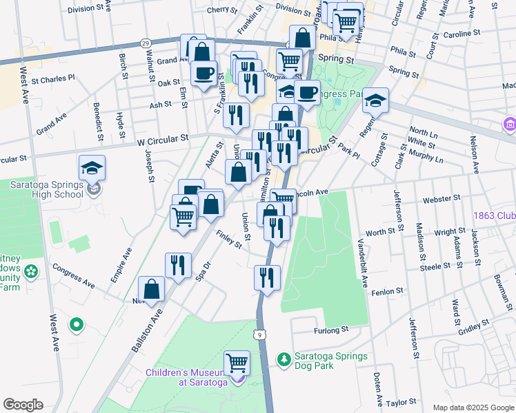 map of restaurants, bars, coffee shops, grocery stores, and more near 131 Hamilton Street in Saratoga Springs