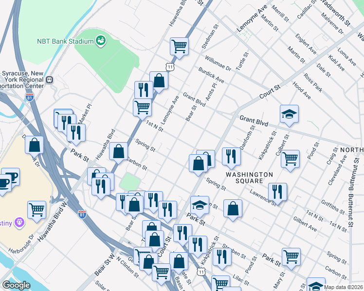 map of restaurants, bars, coffee shops, grocery stores, and more near 1307 1st North Street in Syracuse