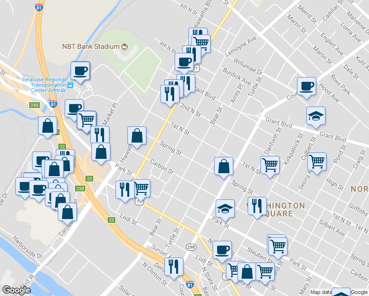 map of restaurants, bars, coffee shops, grocery stores, and more near 605 Bear Street in Syracuse