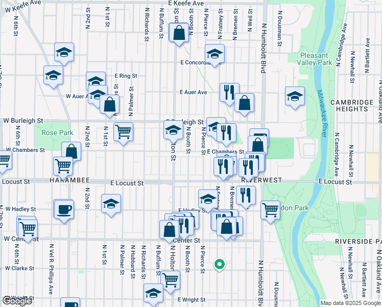 map of restaurants, bars, coffee shops, grocery stores, and more near 2965 North Booth Street in Milwaukee
