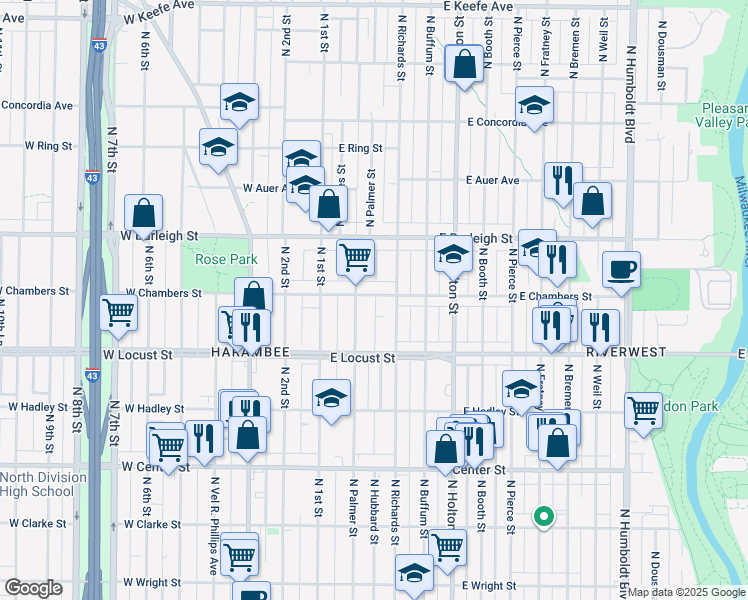 map of restaurants, bars, coffee shops, grocery stores, and more near 2958 North Palmer Street in Milwaukee