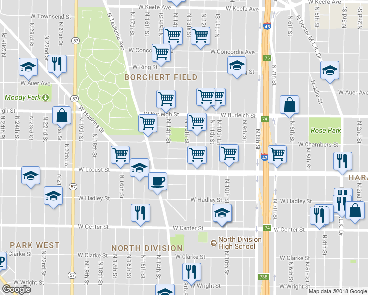 map of restaurants, bars, coffee shops, grocery stores, and more near 1333 West Cottage Place in Milwaukee