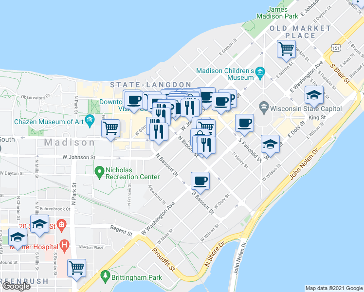 map of restaurants, bars, coffee shops, grocery stores, and more near 403 West Dayton Street in Madison