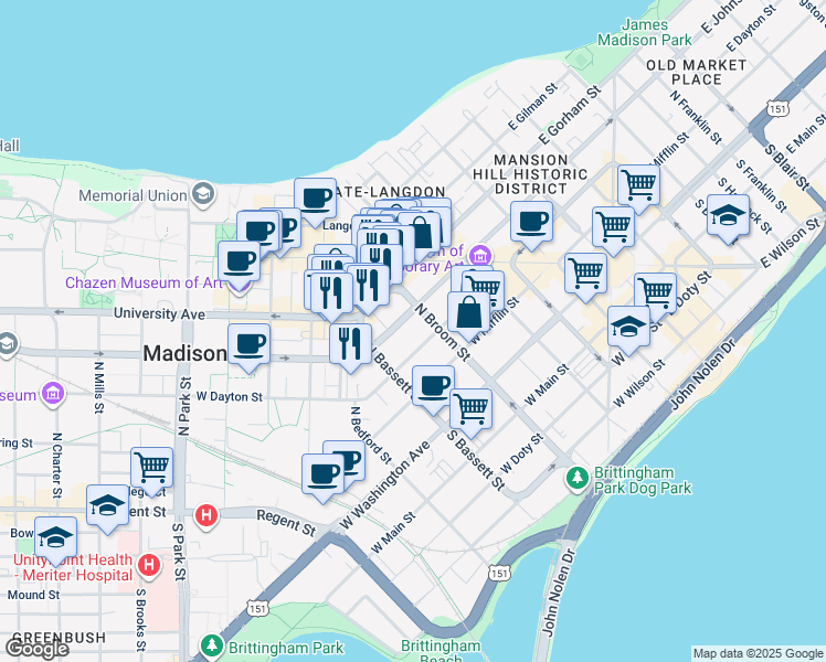 map of restaurants, bars, coffee shops, grocery stores, and more near 433 West Johnson Street in Madison