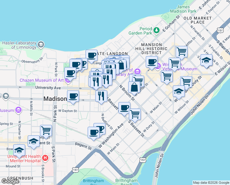 map of restaurants, bars, coffee shops, grocery stores, and more near 433 West Johnson Street in Madison