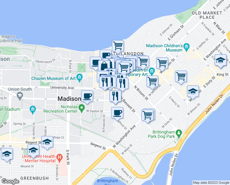 map of restaurants, bars, coffee shops, grocery stores, and more near 312 North Bassett Street in Madison