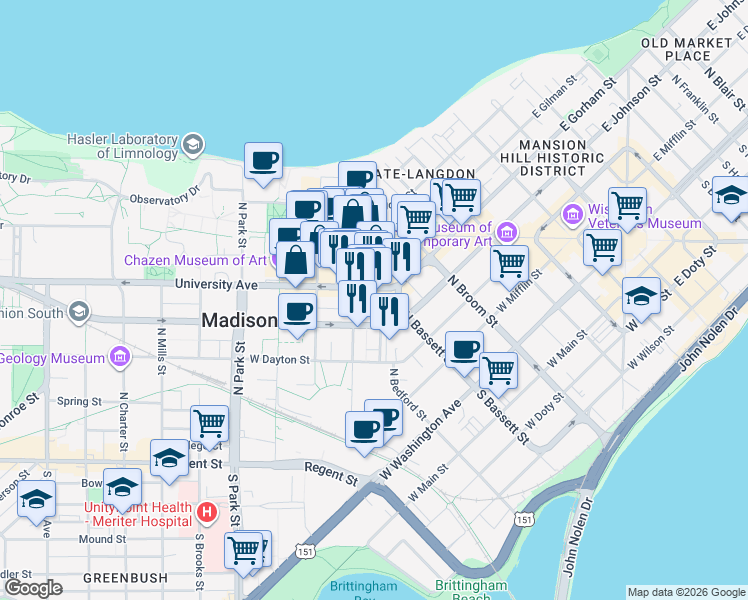 map of restaurants, bars, coffee shops, grocery stores, and more near in Madison