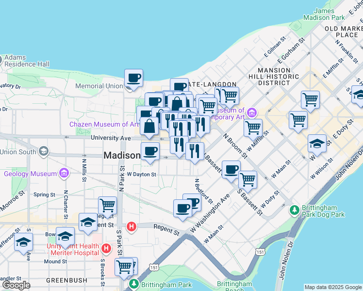 map of restaurants, bars, coffee shops, grocery stores, and more near in Madison
