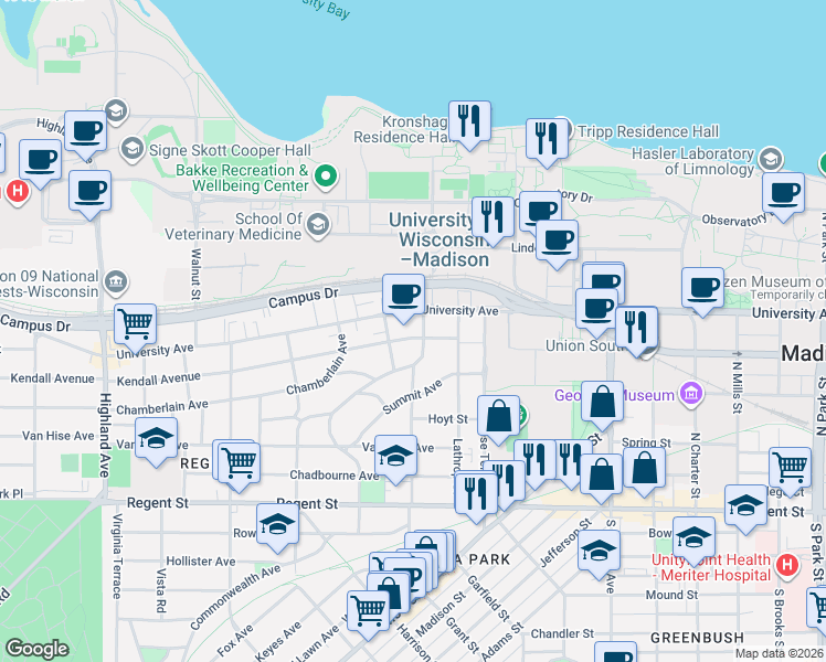 map of restaurants, bars, coffee shops, grocery stores, and more near 306 North Prospect Avenue in Madison