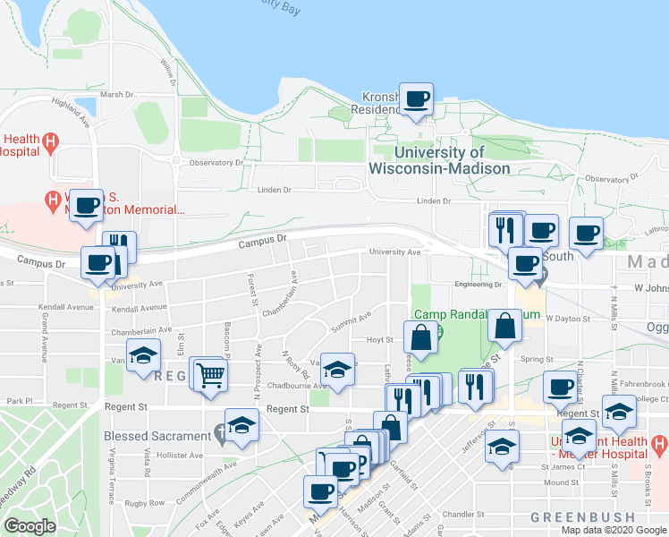 map of restaurants, bars, coffee shops, grocery stores, and more near 1904 Kendall Avenue in Madison