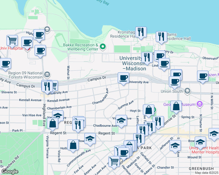 map of restaurants, bars, coffee shops, grocery stores, and more near 211 Chamberlain Avenue in Madison