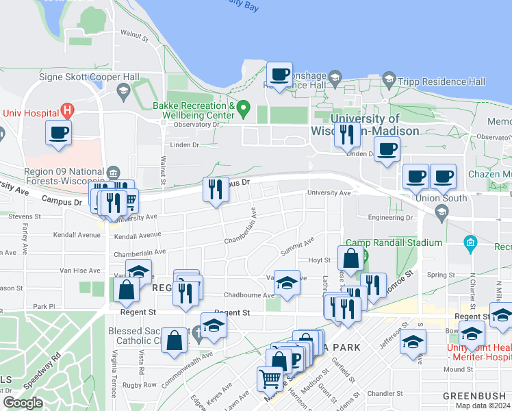 map of restaurants, bars, coffee shops, grocery stores, and more near 211 Chamberlain Avenue in Madison