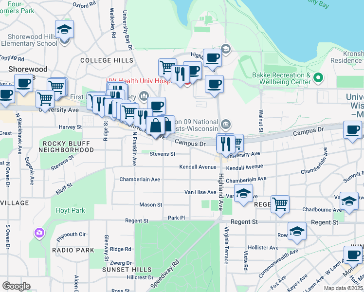 map of restaurants, bars, coffee shops, grocery stores, and more near 2601 University Avenue in Madison