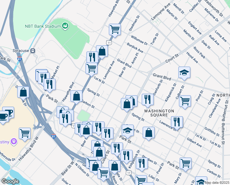 map of restaurants, bars, coffee shops, grocery stores, and more near 1315-1/2 1st North Street in Syracuse