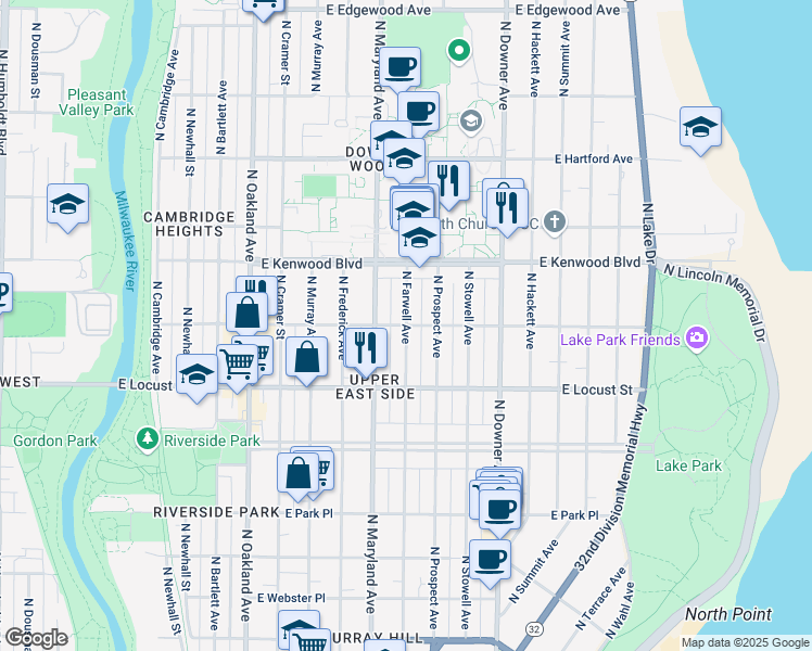 map of restaurants, bars, coffee shops, grocery stores, and more near North Farwell Avenue in Milwaukee County