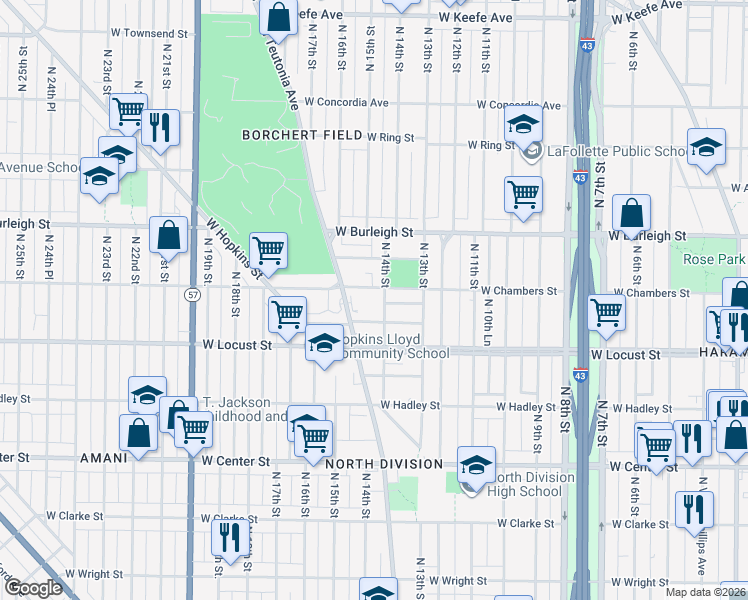 map of restaurants, bars, coffee shops, grocery stores, and more near 1418A West Groeling Avenue in Milwaukee