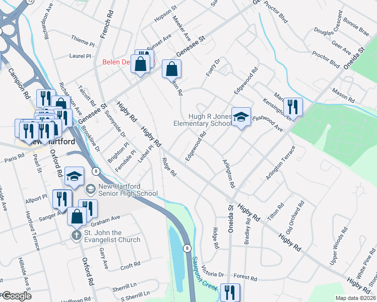 map of restaurants, bars, coffee shops, grocery stores, and more near 2660 Edgewood Road in Utica