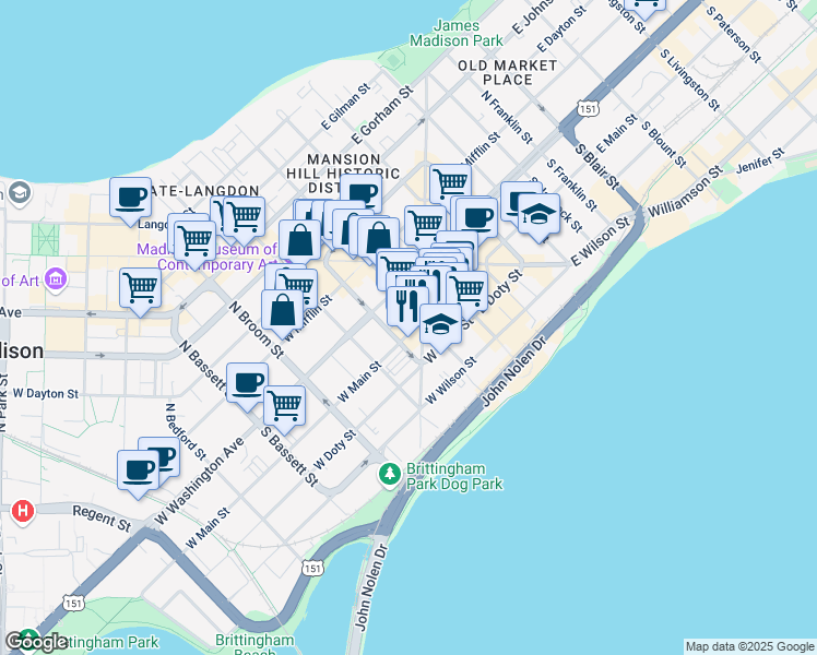 map of restaurants, bars, coffee shops, grocery stores, and more near 22 South Carroll Street in Madison