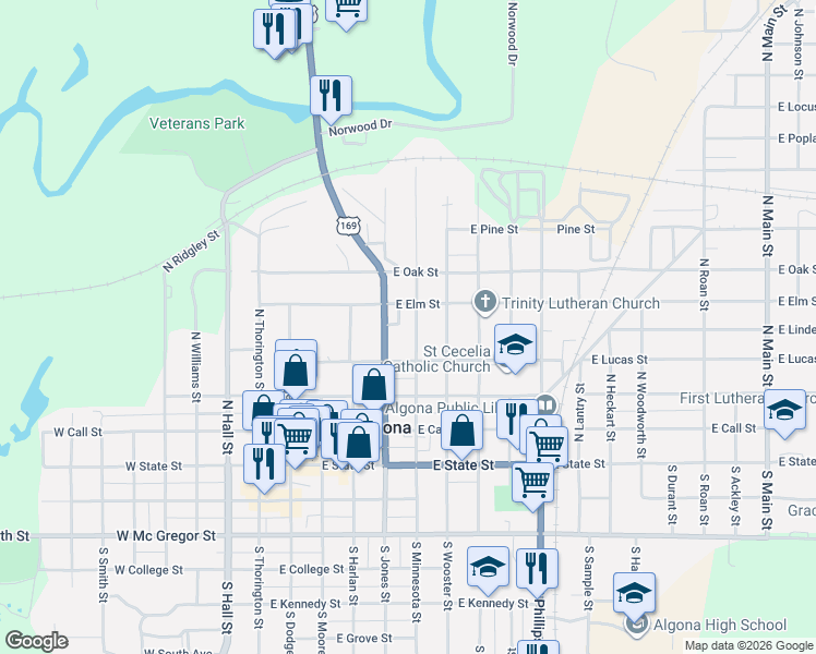 map of restaurants, bars, coffee shops, grocery stores, and more near 400-598 North Minnesota Street in Algona