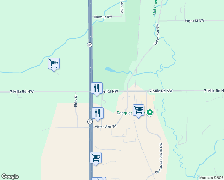 map of restaurants, bars, coffee shops, grocery stores, and more near 622-692 7 Mile Road Northwest in Comstock Park