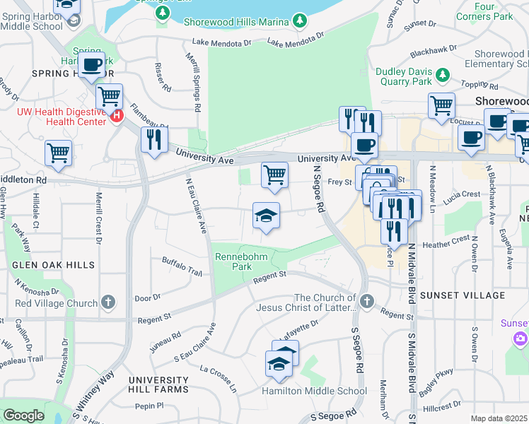 map of restaurants, bars, coffee shops, grocery stores, and more near 4815 Sheboygan Avenue in Madison