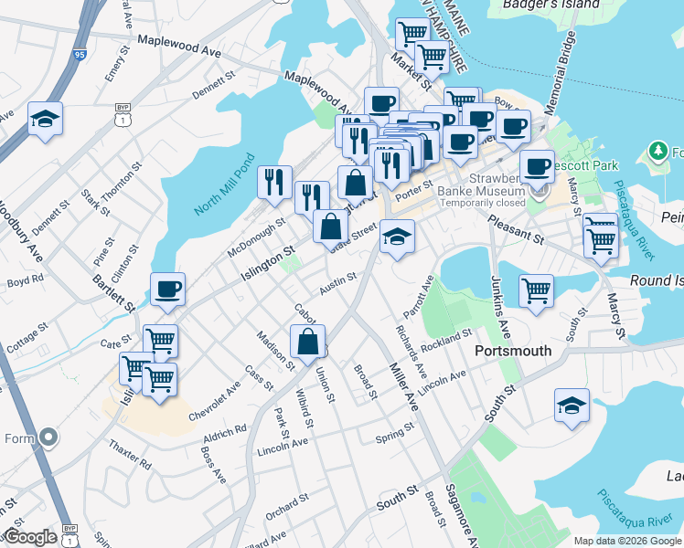 map of restaurants, bars, coffee shops, grocery stores, and more near in Portsmouth