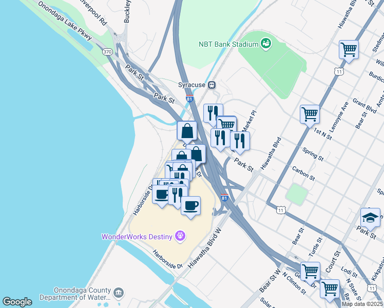 map of restaurants, bars, coffee shops, grocery stores, and more near Destiny USA Drive in Syracuse