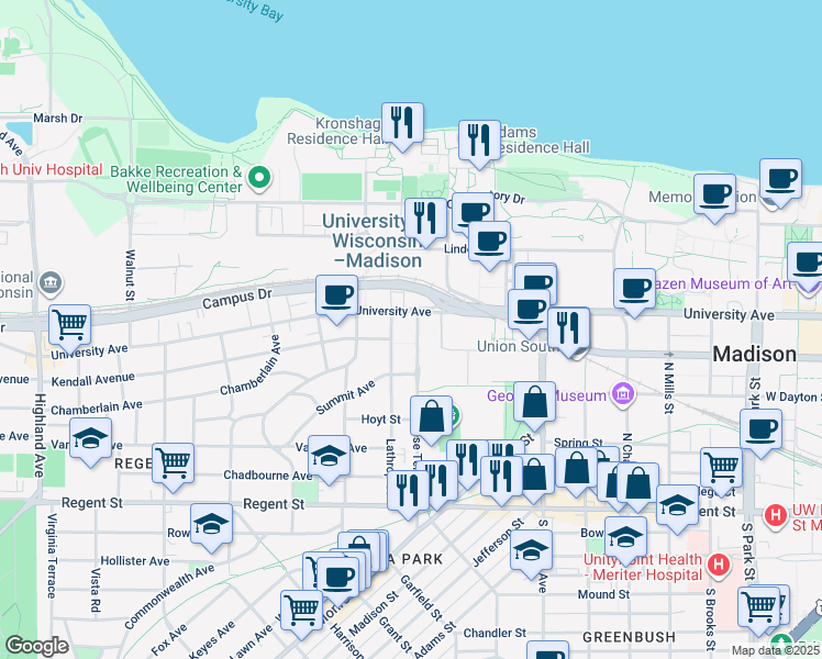 map of restaurants, bars, coffee shops, grocery stores, and more near 312 North Breese Terrace in Madison