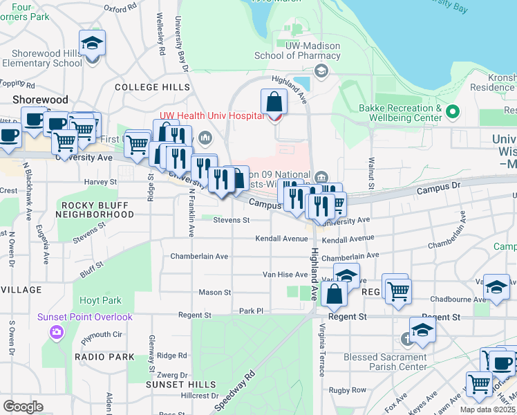 map of restaurants, bars, coffee shops, grocery stores, and more near 2609 University Avenue in Madison