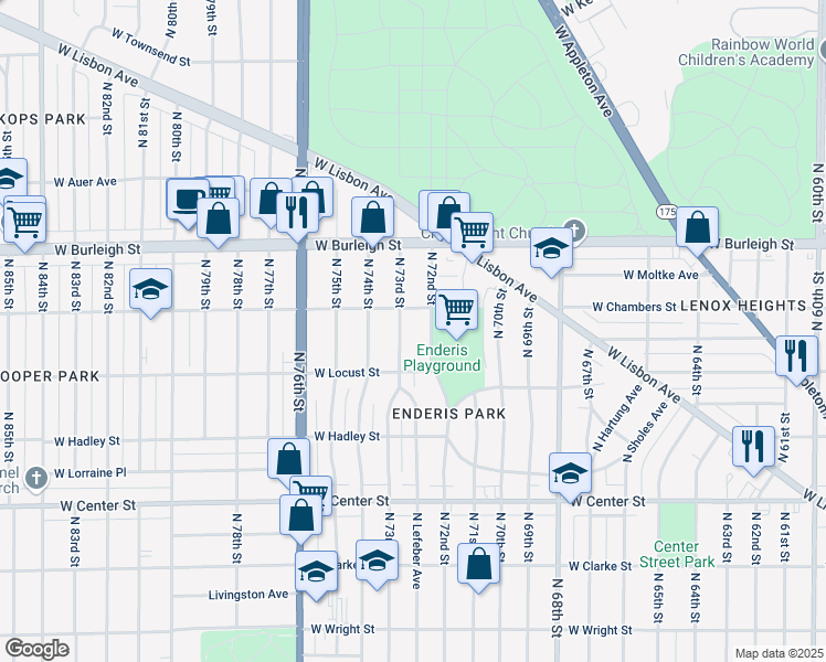 map of restaurants, bars, coffee shops, grocery stores, and more near 2950 North 73rd Street in Milwaukee