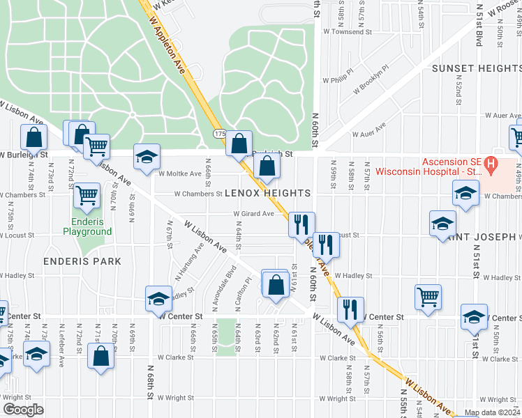 map of restaurants, bars, coffee shops, grocery stores, and more near 6203 West Girard Avenue in Milwaukee