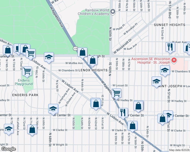 map of restaurants, bars, coffee shops, grocery stores, and more near 6141 West Appleton Avenue in Milwaukee