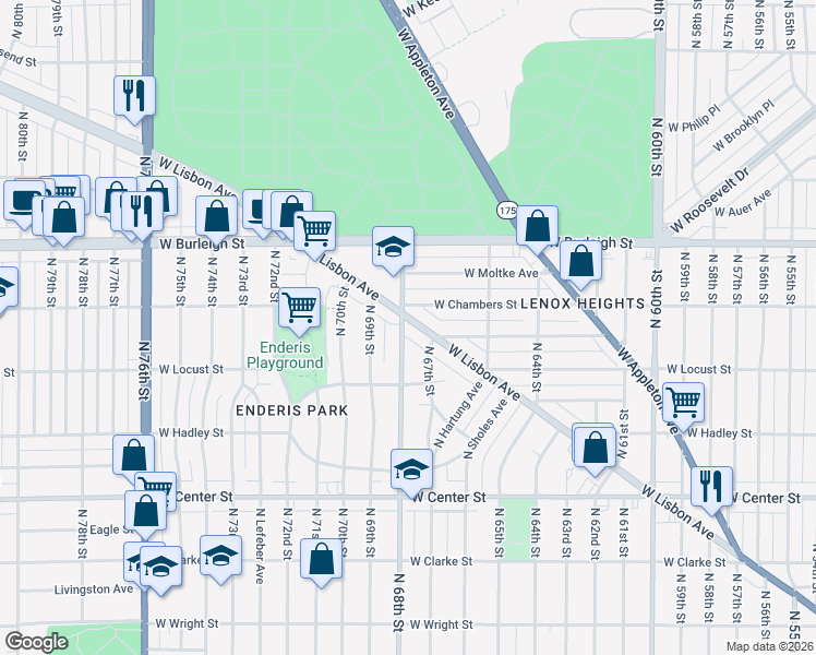 map of restaurants, bars, coffee shops, grocery stores, and more near 2953 North 68th Street in Milwaukee